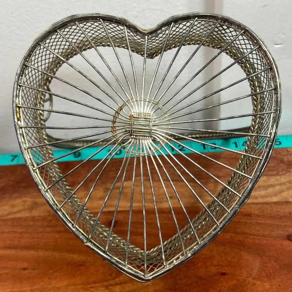Vintage Silver Heart Shaped Wire Mesh Basket with Handle Scroll Detail Decor